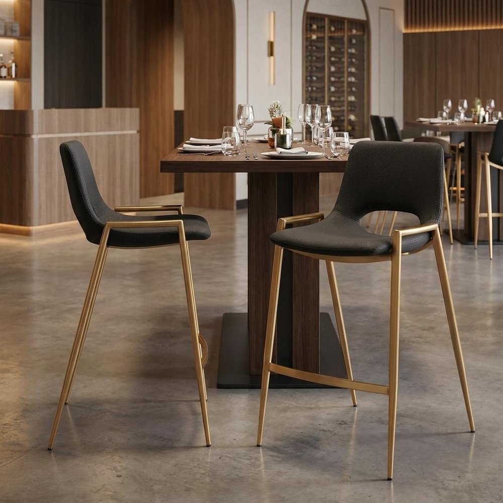 Set of Two 26" Black And Gold Faux Leather And Fabric And Steel Low Back Counter Height Bar Chairs — view 12