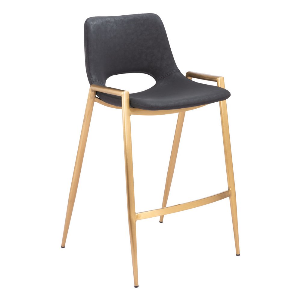 Set of Two 26" Black And Gold Faux Leather And Fabric And Steel Low Back Counter Height Bar Chairs HomeRoots