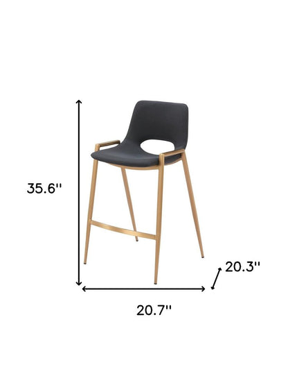 Set of Two 26" Black And Gold Faux Leather And Fabric And Steel Low Back Counter Height Bar Chairs HomeRoots