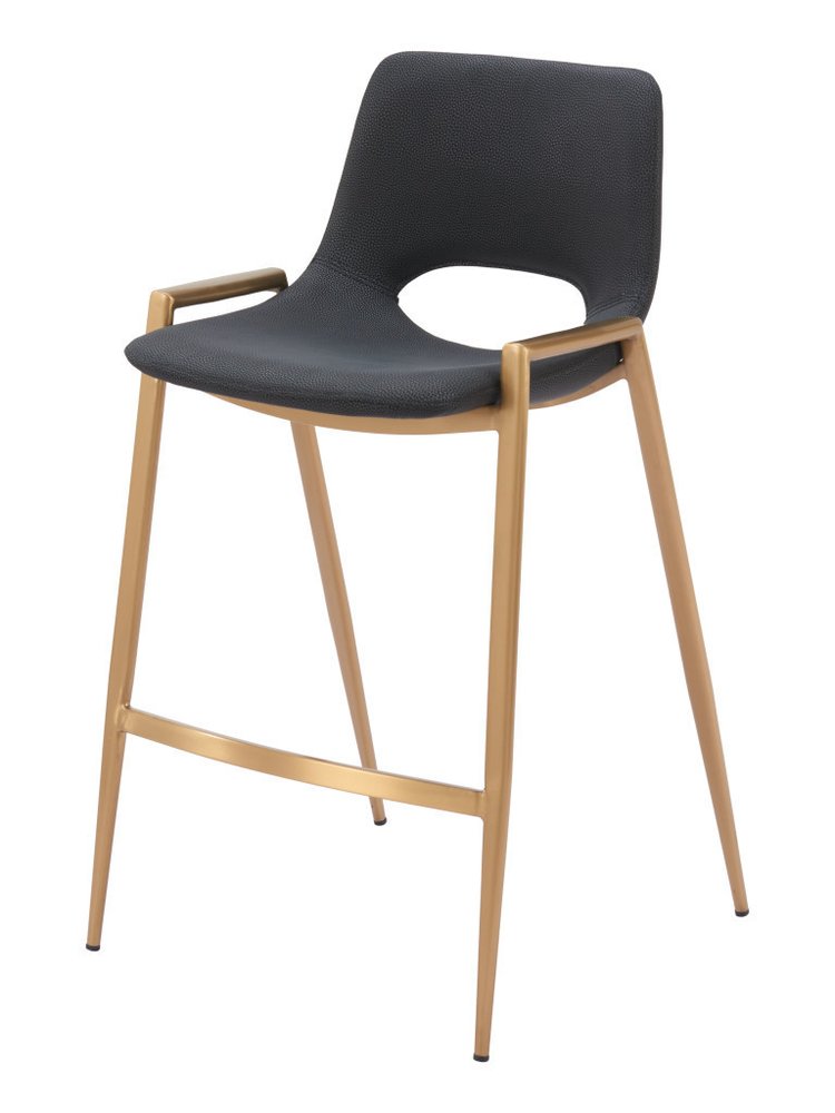 Set of Two 26" Black And Gold Faux Leather And Fabric And Steel Low Back Counter Height Bar Chairs HomeRoots