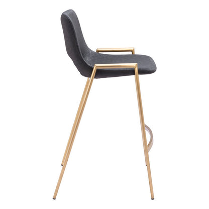 Set of Two 26" Black And Gold Faux Leather And Fabric And Steel Low Back Counter Height Bar Chairs HomeRoots
