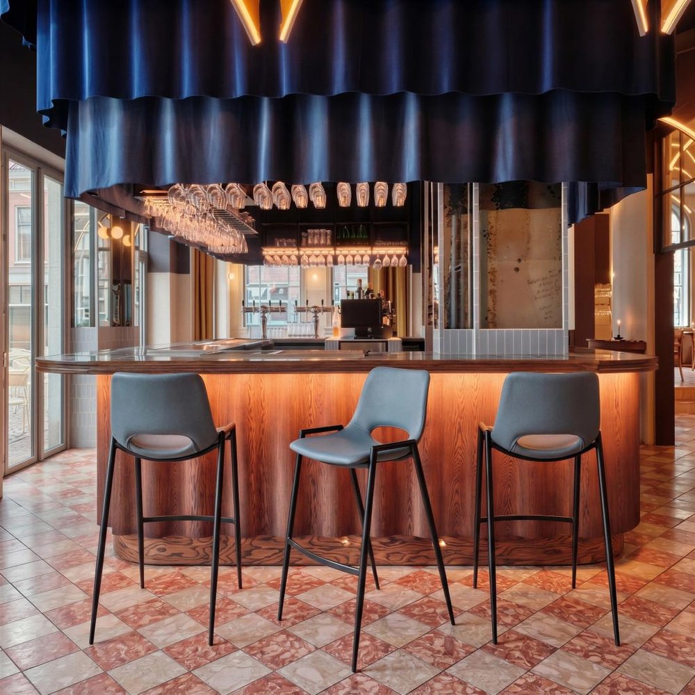 Set of Two 30" Blue And Black Faux Leather And Steel Low Back Bar Height Bar Chairs HomeRoots