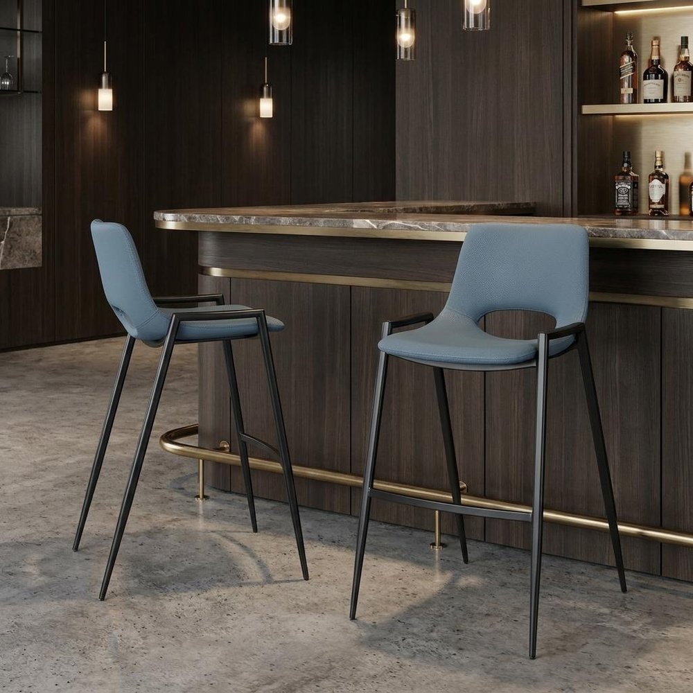 Set of Two 30" Blue And Black Faux Leather And Fabric And Steel Low Back Bar Height Bar Chairs HomeRoots