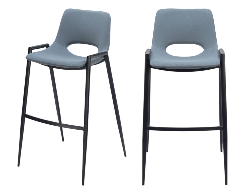 Set of Two 30" Blue And Black Faux Leather And Fabric And Steel Low Back Bar Height Bar Chairs HomeRoots