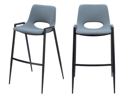 Set of Two 30" Blue And Black Faux Leather And Fabric And Steel Low Back Bar Height Bar Chairs HomeRoots
