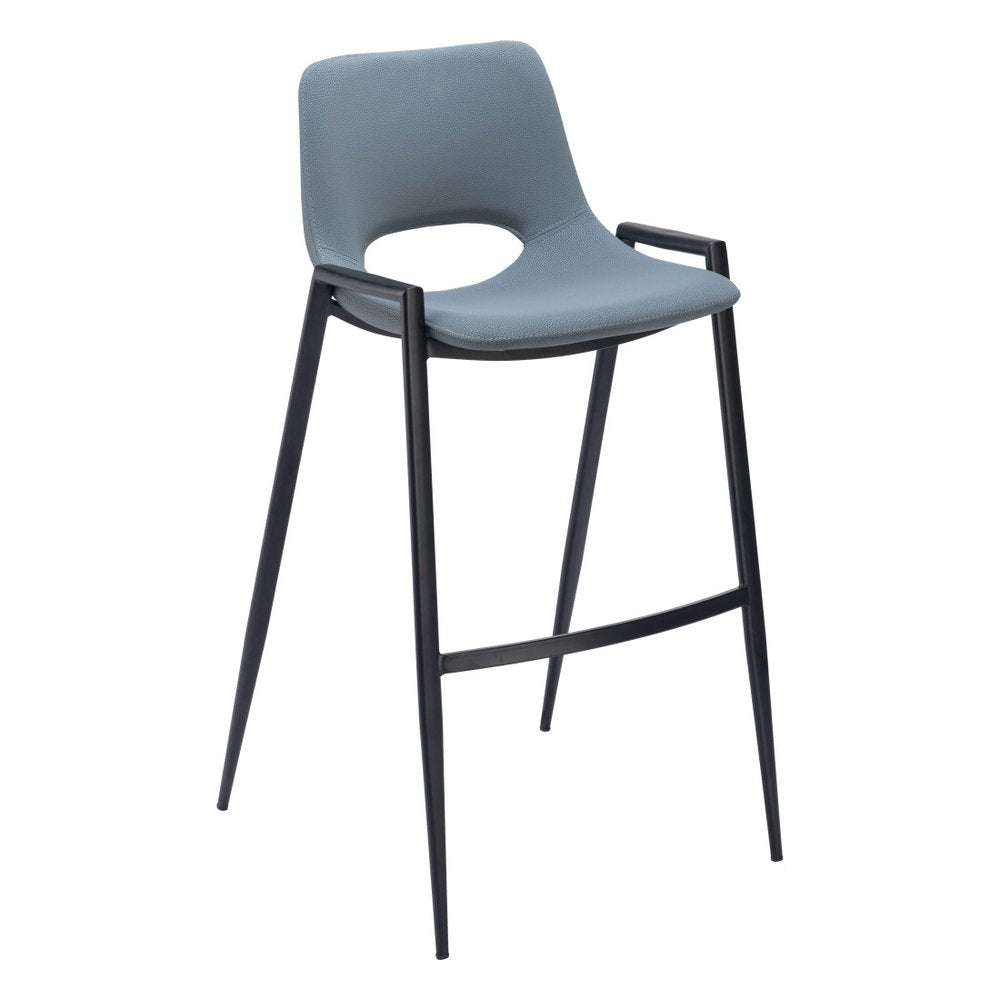 Set of Two 30" Blue And Black Faux Leather And Fabric And Steel Low Back Bar Height Bar Chairs HomeRoots