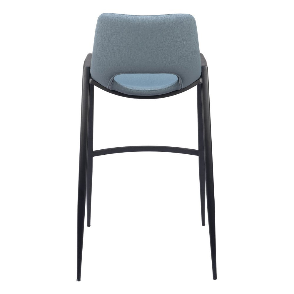 Set of Two 30" Blue And Black Faux Leather And Fabric And Steel Low Back Bar Height Bar Chairs HomeRoots