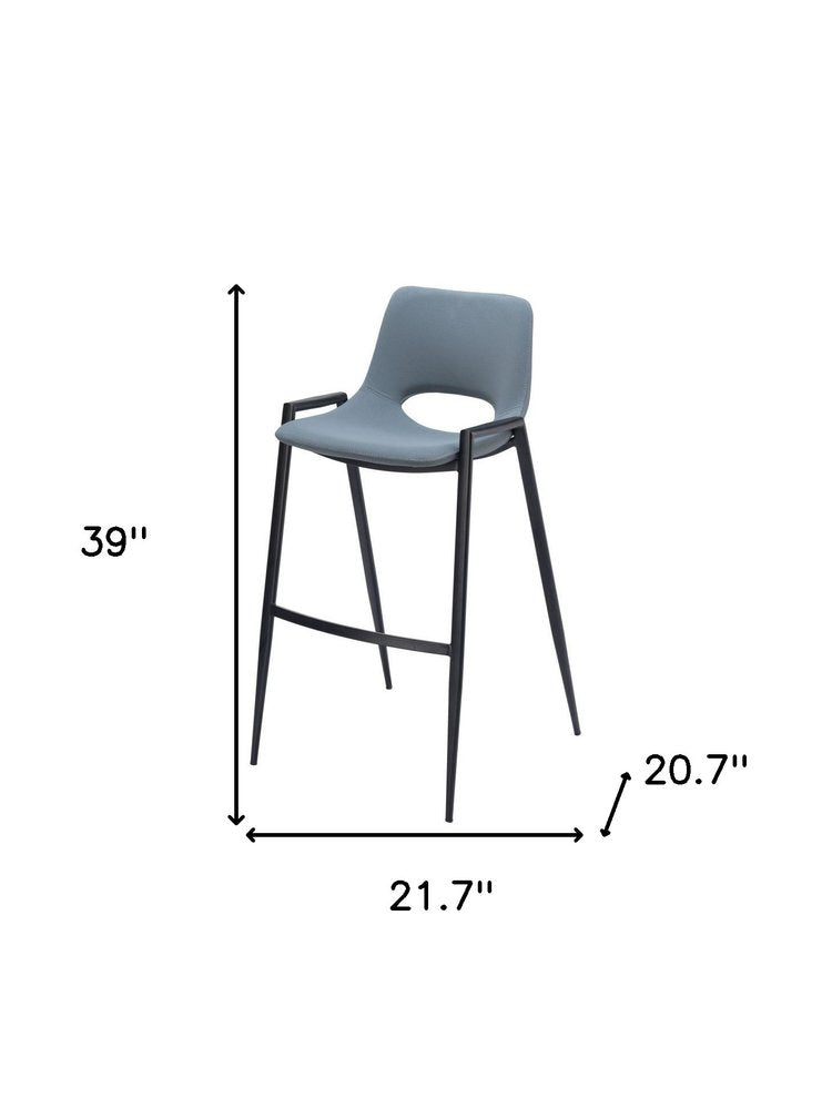 Set of Two 30" Blue And Black Faux Leather And Fabric And Steel Low Back Bar Height Bar Chairs HomeRoots