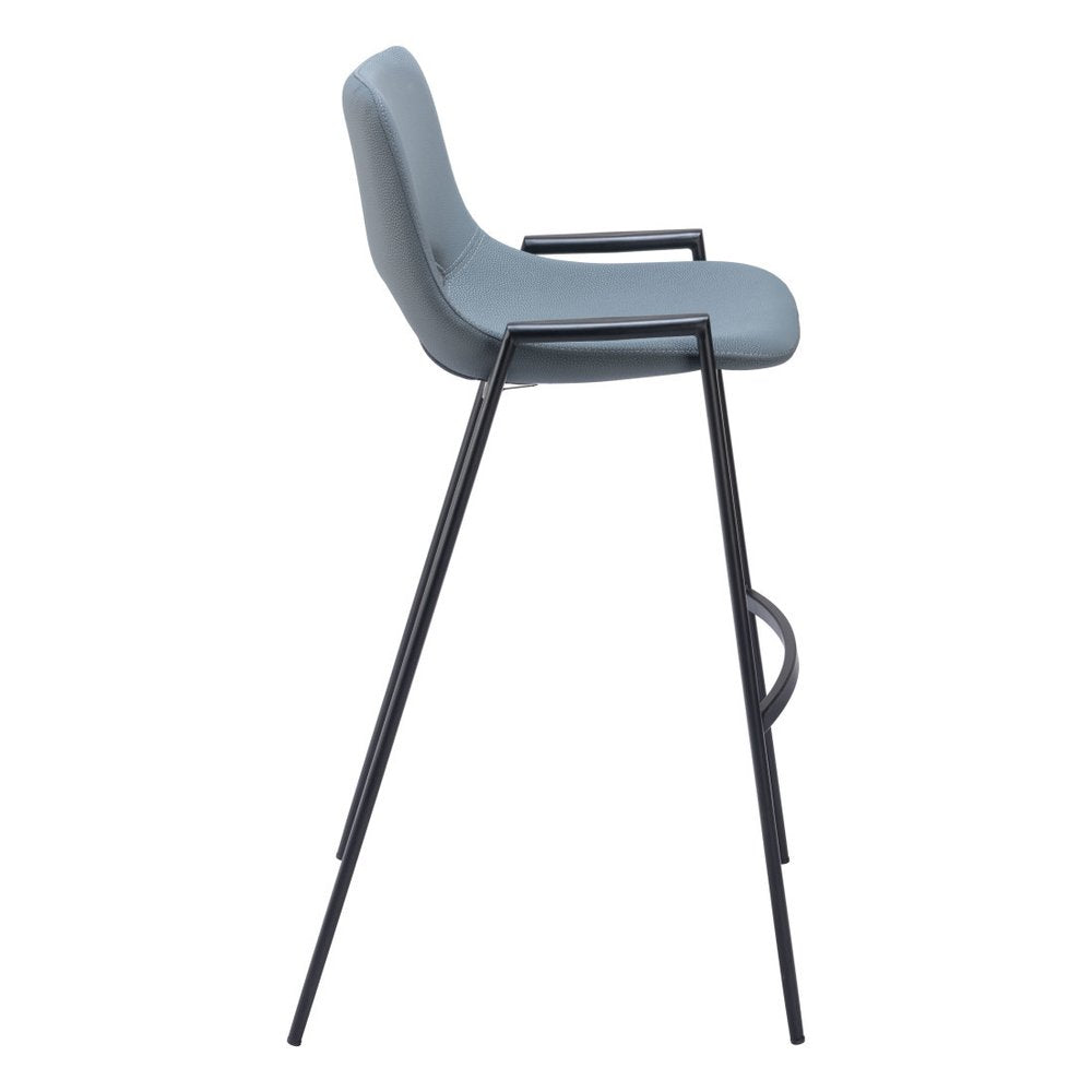 Set of Two 30" Blue And Black Faux Leather And Fabric And Steel Low Back Bar Height Bar Chairs HomeRoots