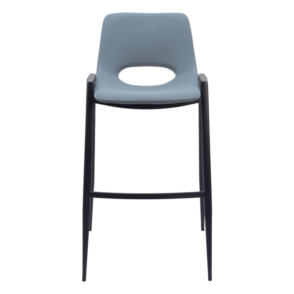 Set of Two 30" Blue And Black Faux Leather And Fabric And Steel Low Back Bar Height Bar Chairs HomeRoots