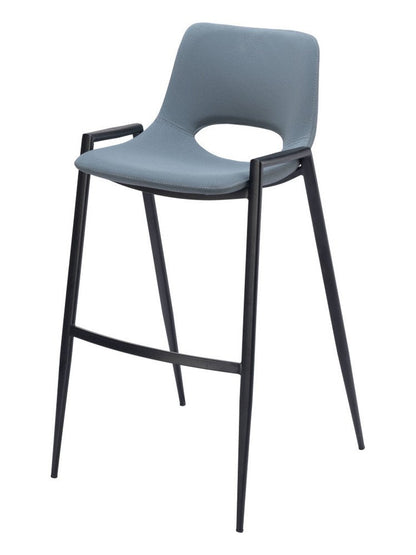 Set of Two 30" Blue And Black Faux Leather And Fabric And Steel Low Back Bar Height Bar Chairs HomeRoots