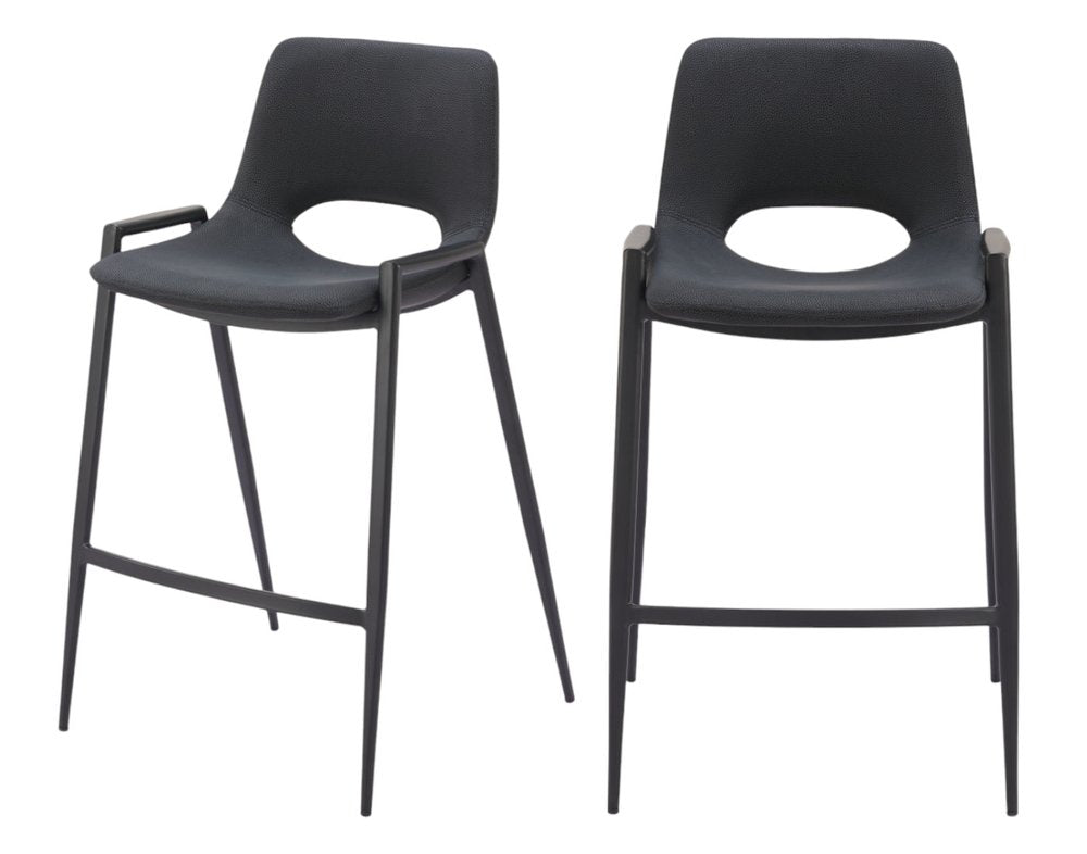 Set of Two 26" Black Faux Leather And Fabric And Steel Low Back Counter Height Bar Chairs HomeRoots
