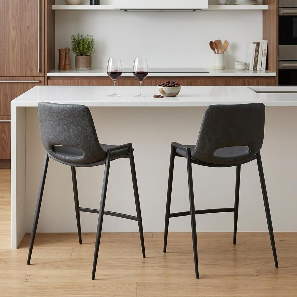 Set of Two 26" Black Faux Leather And Fabric And Steel Low Back Counter Height Bar Chairs HomeRoots