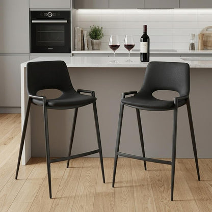 Set of Two 26" Black Faux Leather And Fabric And Steel Low Back Counter Height Bar Chairs HomeRoots