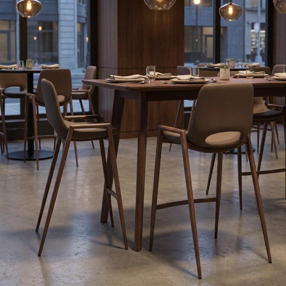 Set of Two 26" Brown Faux Leather And Fabric And Steel Low Back Counter Height Bar Chairs — view 14