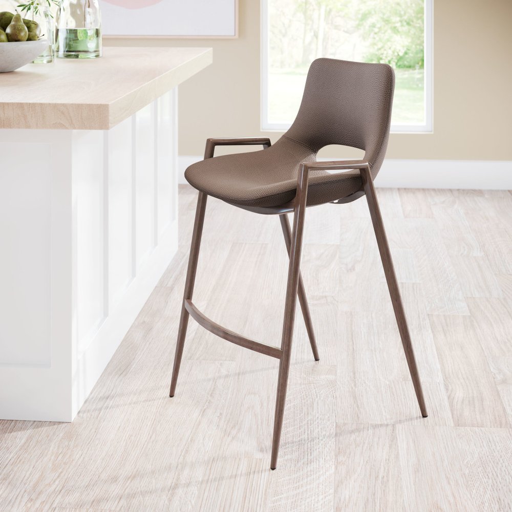 Set of Two 26" Brown Faux Leather And Fabric And Steel Low Back Counter Height Bar Chairs HomeRoots