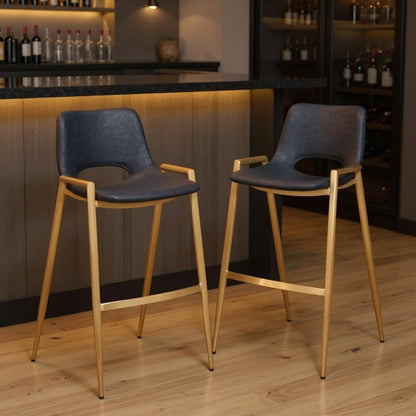 Set of Two 30" Black And Gold Faux Leather And Steel Low Back Bar Height Bar Chairs HomeRoots