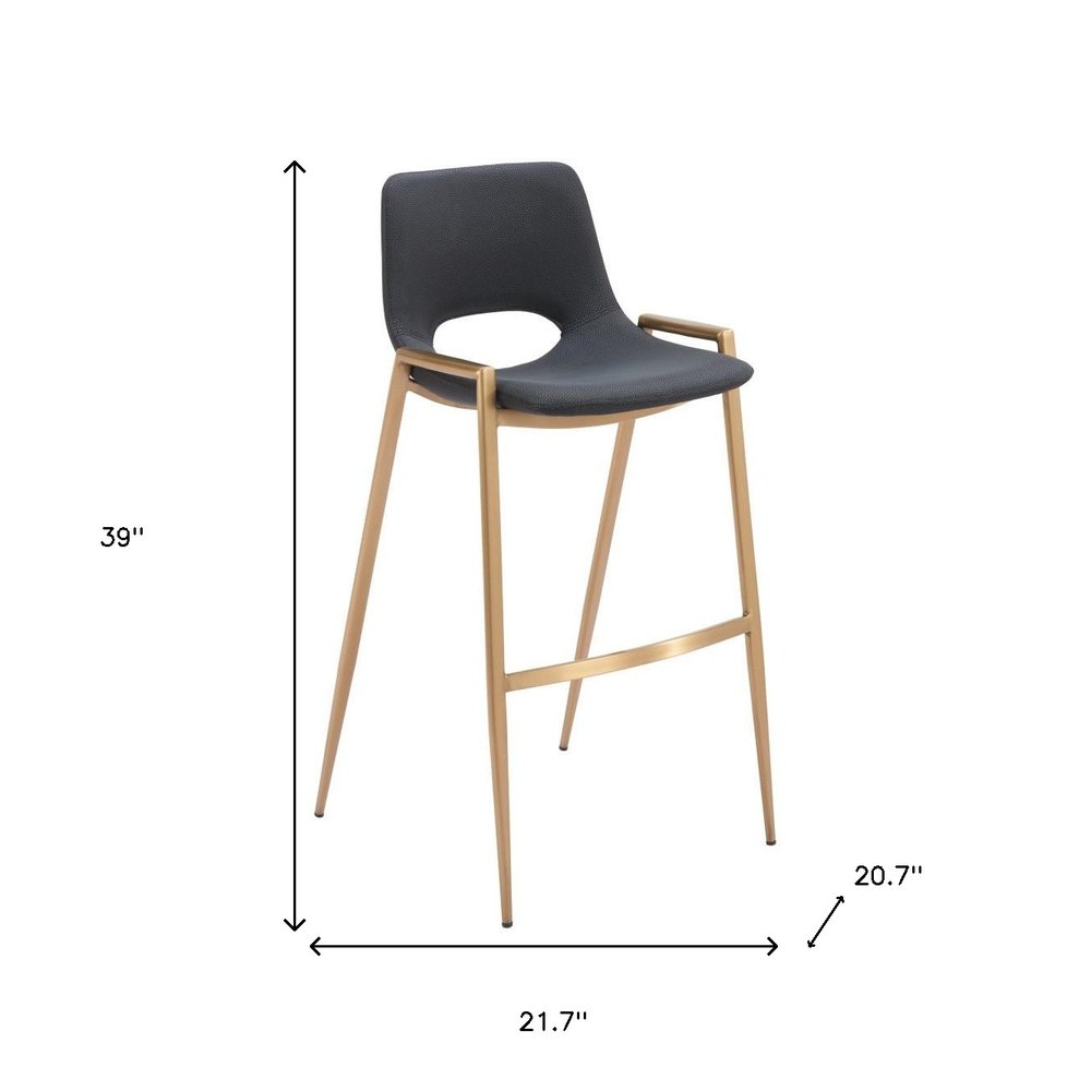 Set of Two 30" Black And Gold Faux Leather And Steel Low Back Bar Height Bar Chairs HomeRoots