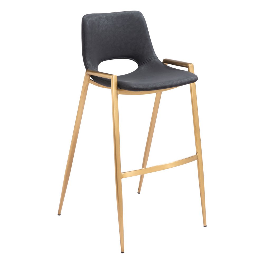 Set of Two 30" Black And Gold Faux Leather And Steel Low Back Bar Height Bar Chairs HomeRoots