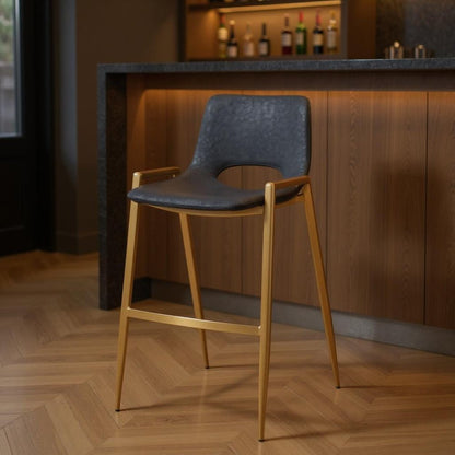 Set of Two 30" Black And Gold Faux Leather And Steel Low Back Bar Height Bar Chairs HomeRoots