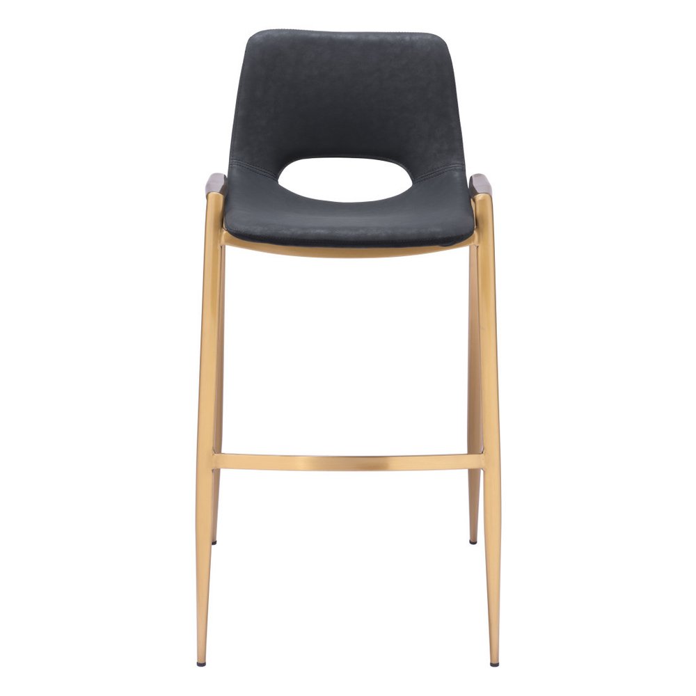 Set of Two 30" Black And Gold Faux Leather And Steel Low Back Bar Height Bar Chairs HomeRoots