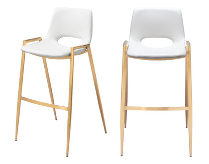 Set of Two 30" White And Gold Faux Leather And Fabric And Steel Bar Height Bar Chairs HomeRoots
