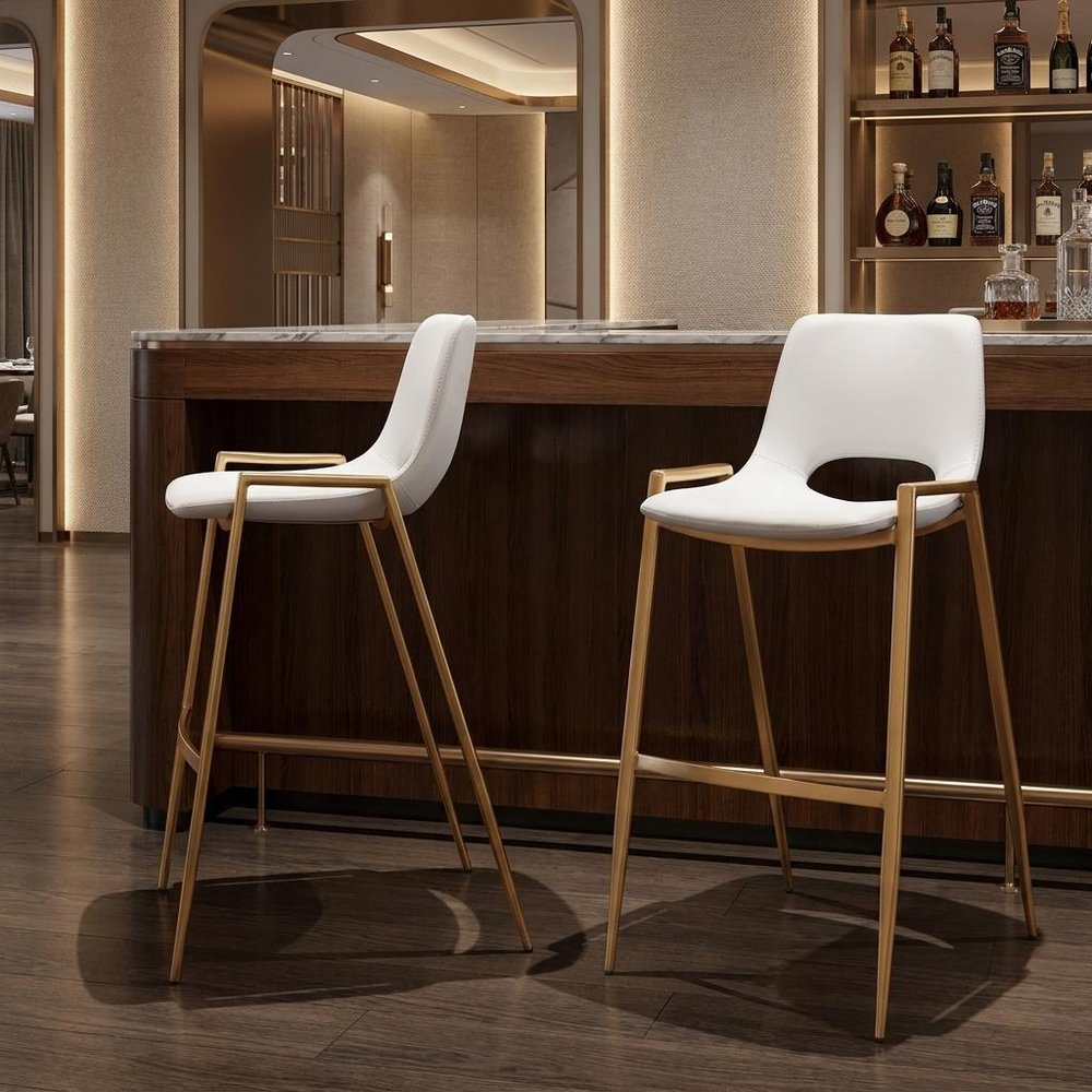 Set of Two 30" White And Gold Faux Leather And Fabric And Steel Bar Height Bar Chairs — view 10