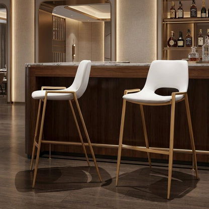 Set of Two 30" White And Gold Faux Leather And Fabric And Steel Bar Height Bar Chairs HomeRoots