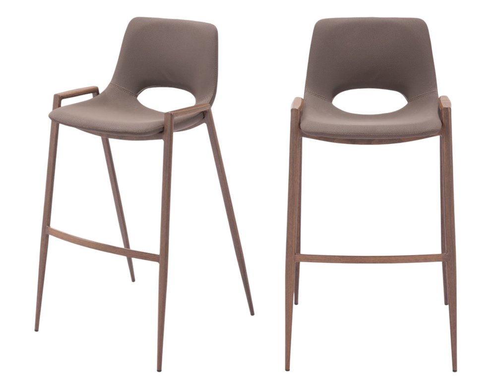 Set of Two 30" Brown Faux Leather And Fabric And Steel Low Back Bar Height Bar Chairs HomeRoots