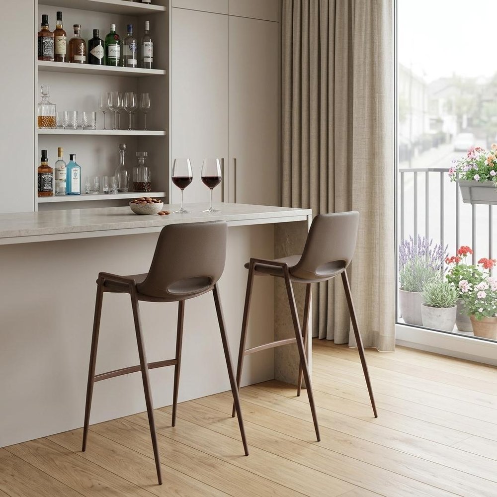 Set of Two 30" Brown Faux Leather And Fabric And Steel Low Back Bar Height Bar Chairs HomeRoots