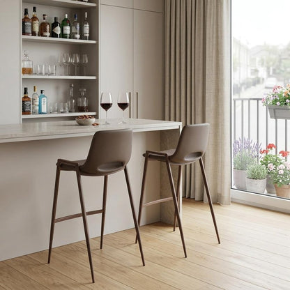 Set of Two 30" Brown Faux Leather And Fabric And Steel Low Back Bar Height Bar Chairs HomeRoots