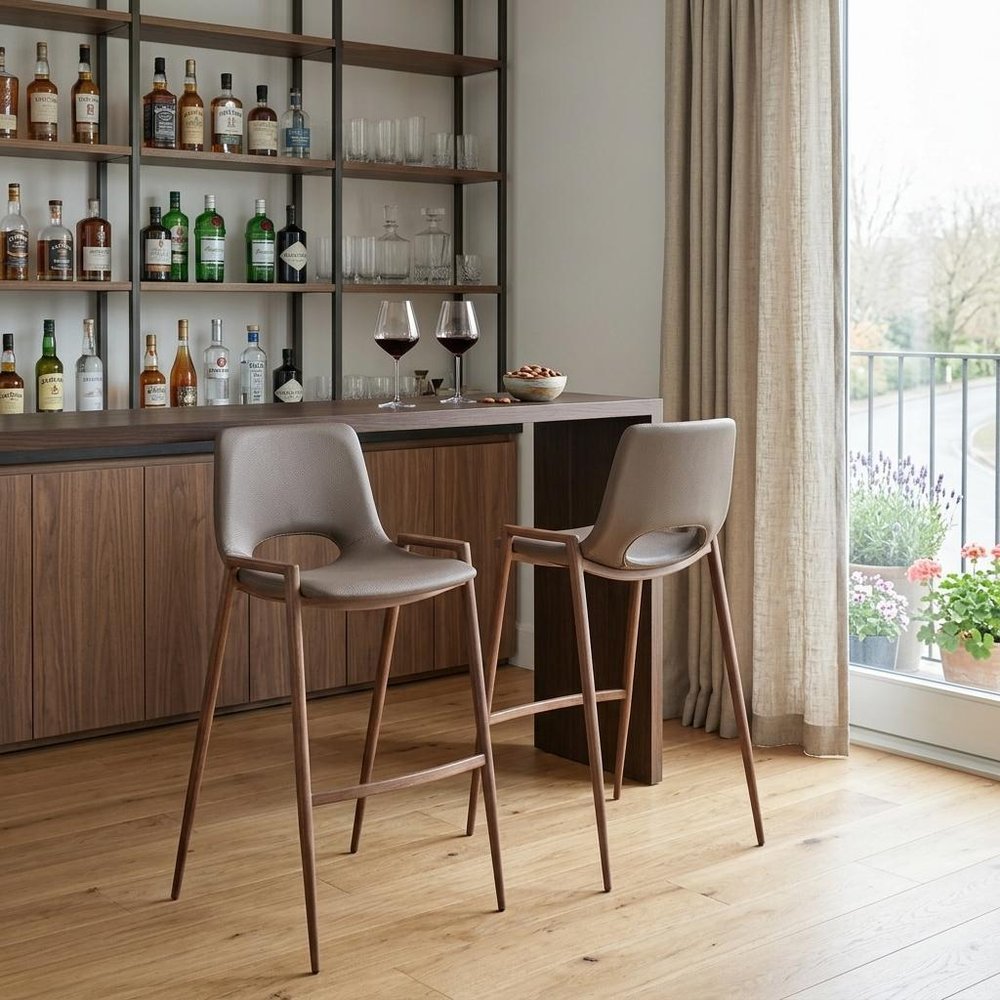 Set of Two 30" Brown Faux Leather And Fabric And Steel Low Back Bar Height Bar Chairs HomeRoots