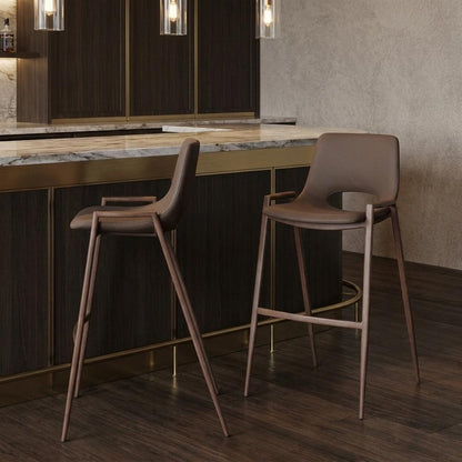 Set of Two 30" Brown Faux Leather And Fabric And Steel Low Back Bar Height Bar Chairs HomeRoots