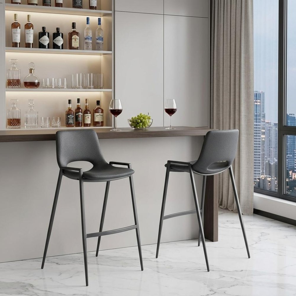 Set of Two 30" Black Faux Leather And Fabric And Steel Low Back Bar Height Bar Chairs HomeRoots