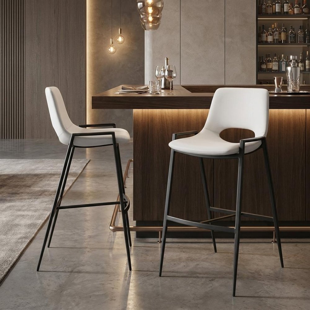 Set of Two 30" Black Faux Leather And Fabric And Steel Low Back Bar Height Bar Chairs HomeRoots