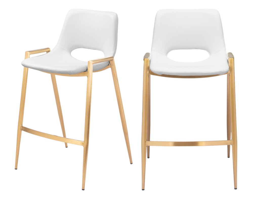 Set of Two 26" White And Gold Faux Leather And Fabric And Steel Low Back Counter Height Bar Chairs HomeRoots