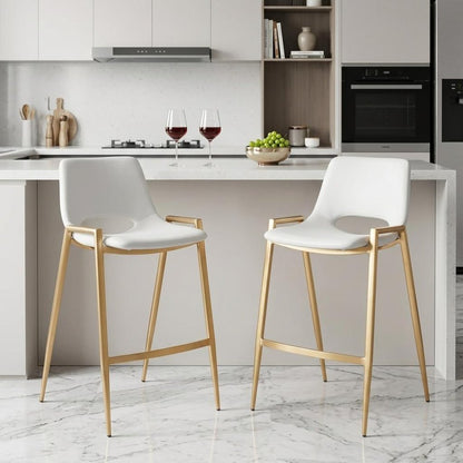 Set of Two 26" White And Gold Faux Leather And Fabric And Steel Low Back Counter Height Bar Chairs HomeRoots