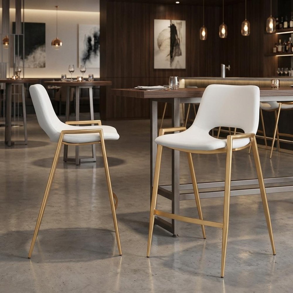Set of Two 26" White And Gold Faux Leather And Fabric And Steel Low Back Counter Height Bar Chairs HomeRoots