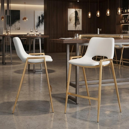 Set of Two 26" White And Gold Faux Leather And Fabric And Steel Low Back Counter Height Bar Chairs HomeRoots