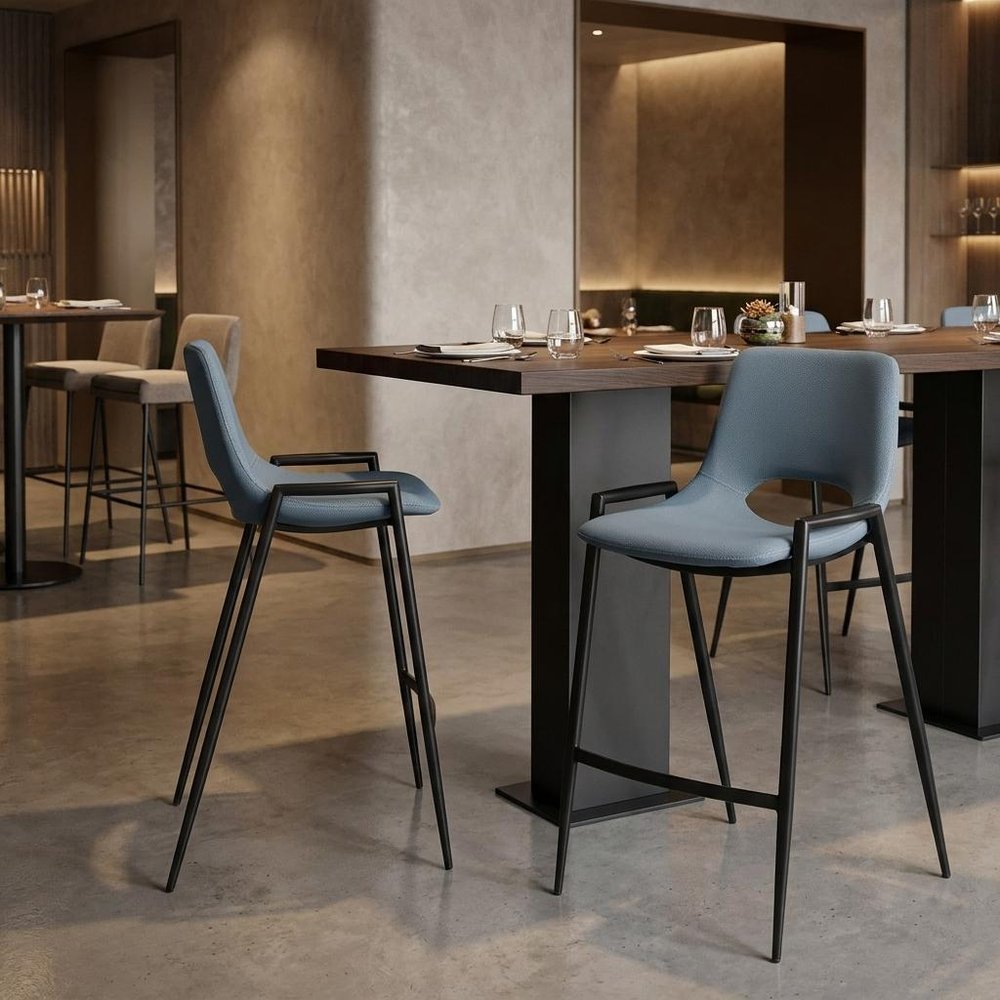 Set of Two 26" Blue And Black Faux Leather And Fabric And Steel Low Back Counter Height Bar Chairs — view 10