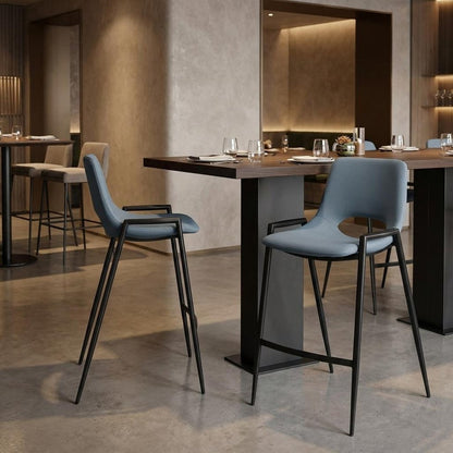 Set of Two 26" Blue And Black Faux Leather And Fabric And Steel Low Back Counter Height Bar Chairs HomeRoots