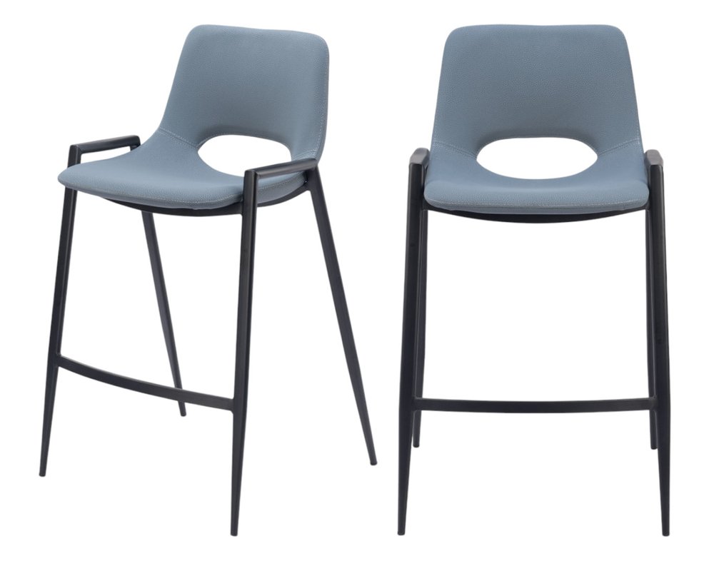 Set of Two 26" Blue And Black Faux Leather And Fabric And Steel Low Back Counter Height Bar Chairs HomeRoots