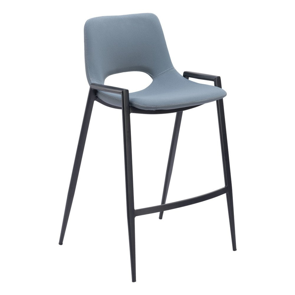 Set of Two 26" Blue And Black Faux Leather And Fabric And Steel Low Back Counter Height Bar Chairs HomeRoots