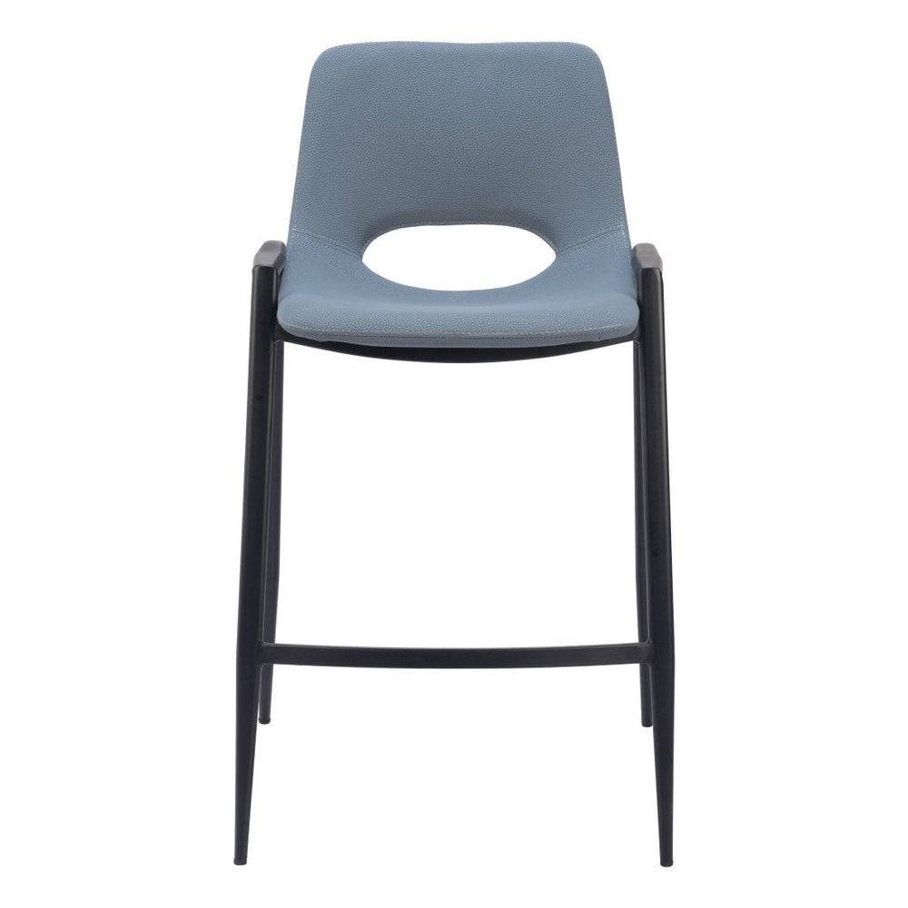 Set of Two 26" Blue And Black Faux Leather And Fabric And Steel Low Back Counter Height Bar Chairs HomeRoots