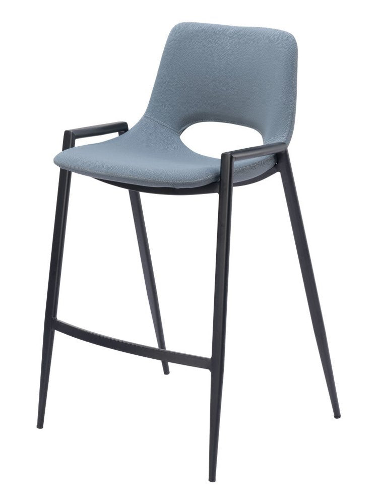 Set of Two 26" Blue And Black Faux Leather And Fabric And Steel Low Back Counter Height Bar Chairs HomeRoots