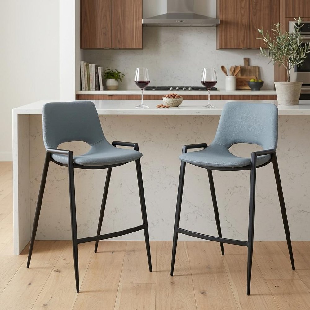 Set of Two 26" Blue And Black Faux Leather And Fabric And Steel Low Back Counter Height Bar Chairs HomeRoots