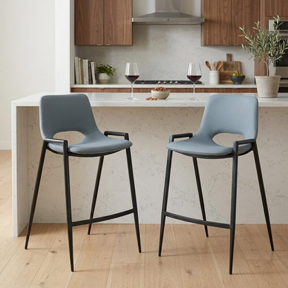 Set of Two 26" Blue And Black Faux Leather And Fabric And Steel Low Back Counter Height Bar Chairs HomeRoots