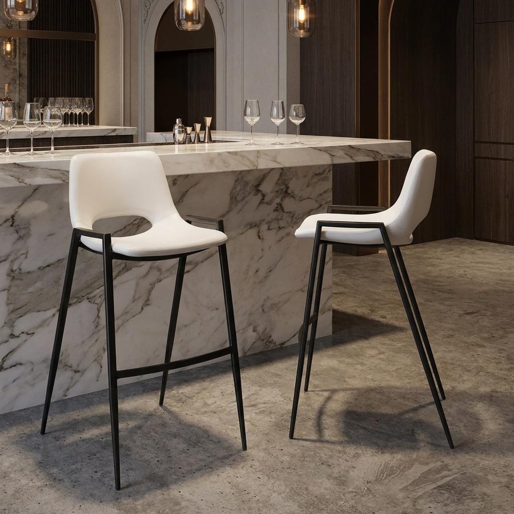 Set of Two 30" White And Black Faux Leather And Fabric And Steel Low Back Bar Height Bar Chairs — view 22