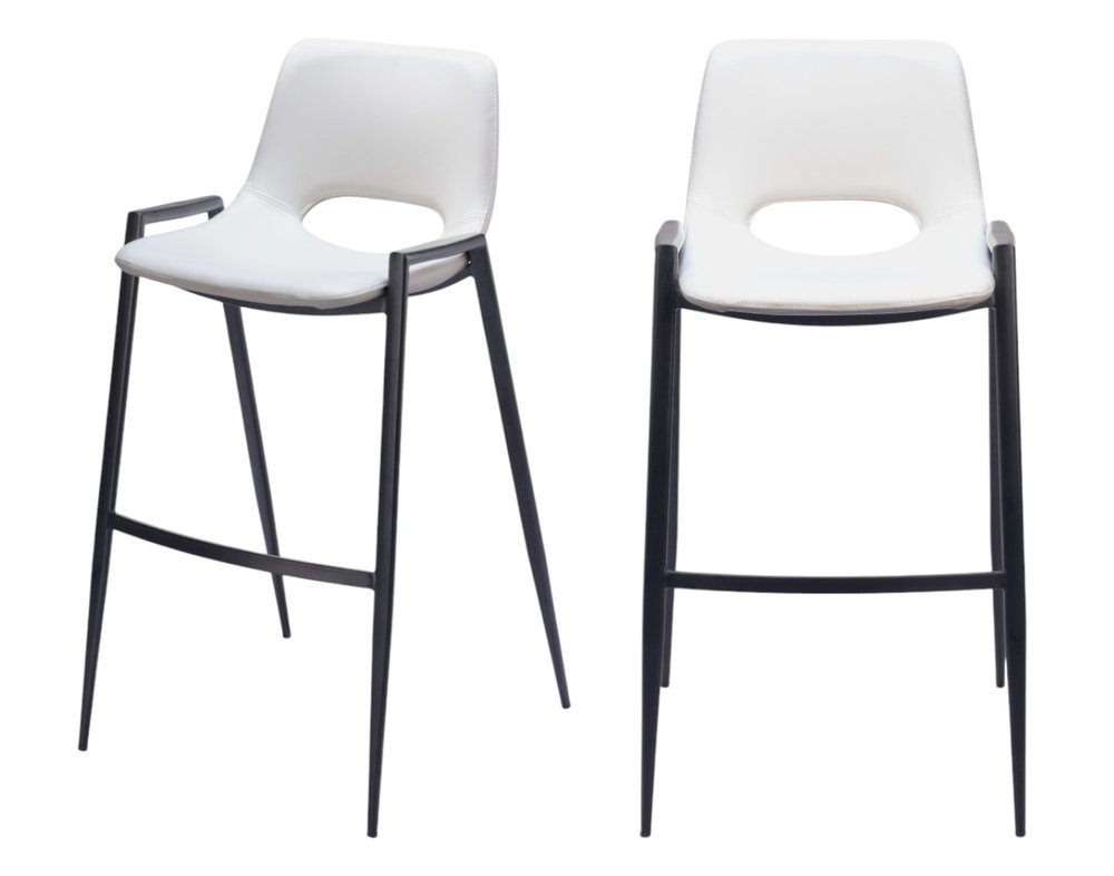 Set of Two 30" White And Black Faux Leather And Fabric And Steel Low Back Bar Height Bar Chairs HomeRoots