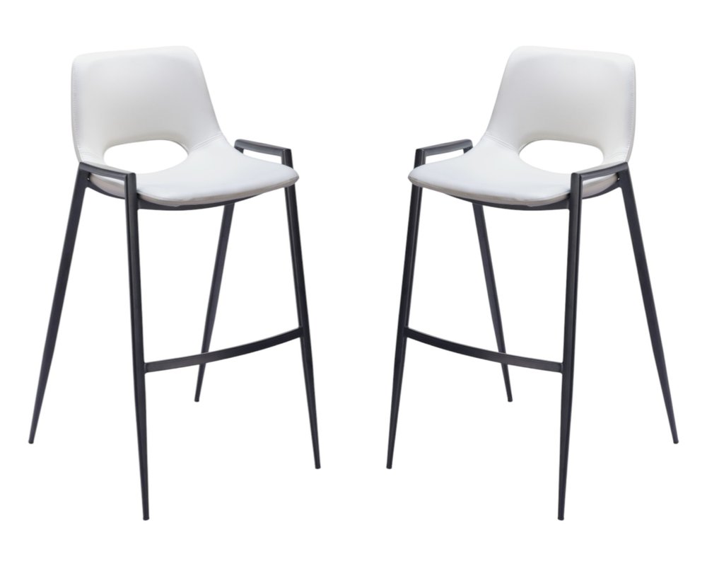 Set of Two 30" White And Black Faux Leather And Fabric And Steel Low Back Bar Height Bar Chairs HomeRoots